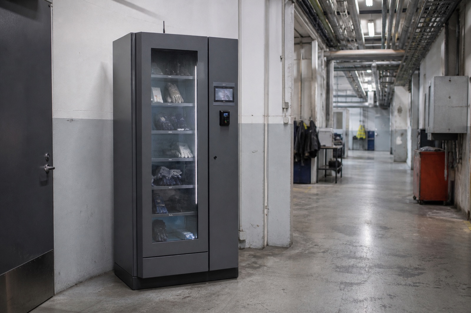 Ett grått industriellt utlämningsskåp med skärm och kortläsare, med handskar synliga bakom glasluckan, i en produktionskorridor.